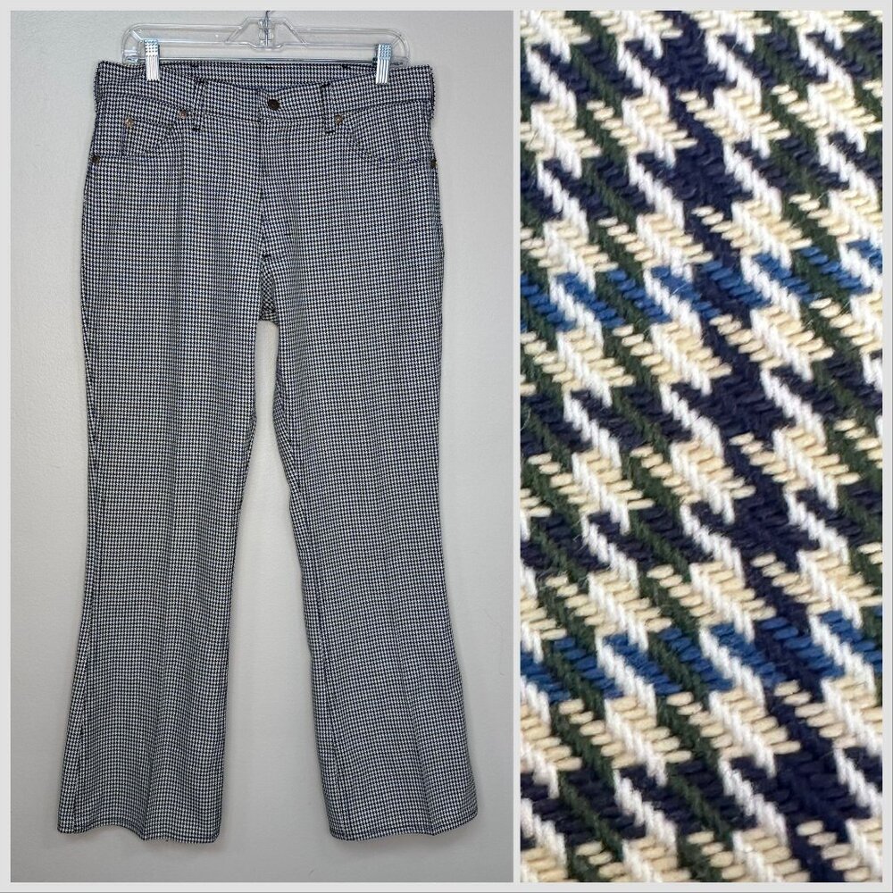 Vintage 1970s Blue Houndstooth Jeans, JCPenney Super Denim, 31.5x30.5, Flare Leg